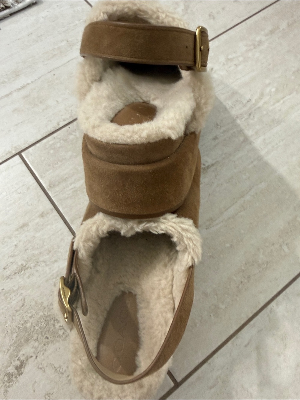 Coach ladies size 7 ..new .. Suede Shearling-Trim Clog with Gold 'C' Accen - Picture 7 of 8